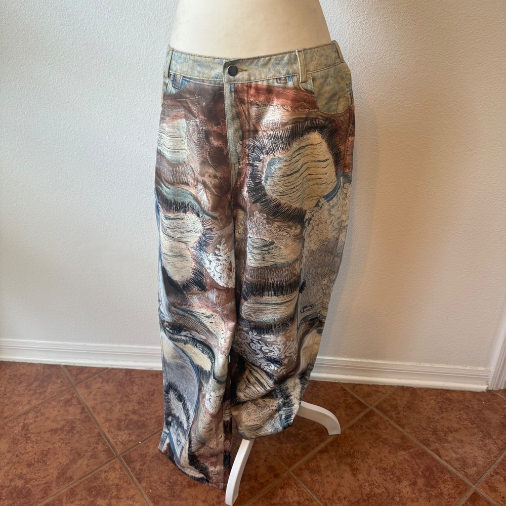 Boho Abstract Patchwork Print Pants Women Size XL Multi-Color